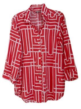 John Mark Geometric Print Linen Blouse - Coral/White - Size M